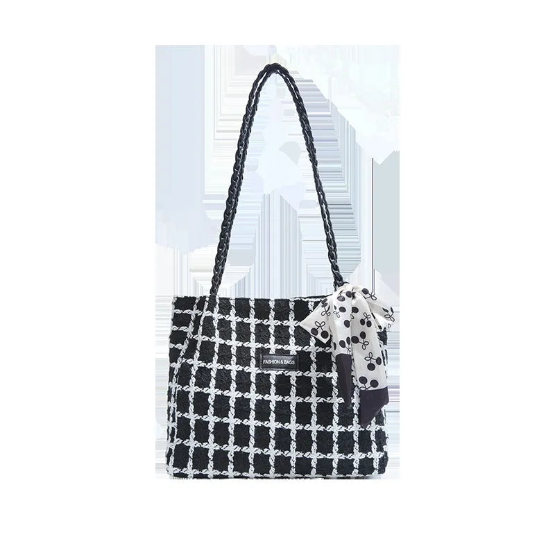 Black wool shoulder bag with horizontal square shape and internal organisation compartments