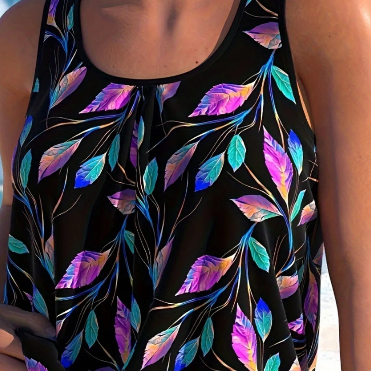 Women's leaf pattern swimsuit top with matching shorts in pure colour