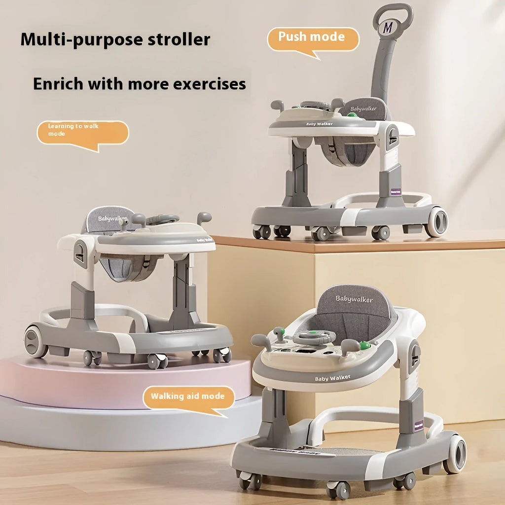 Plastic folding baby walker with music and anti-rollover design, available in multiple colours and patterns
