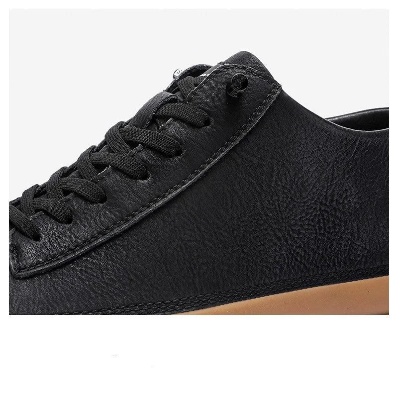 Men's black leather casual shoes with lace-up closure and round toe design
