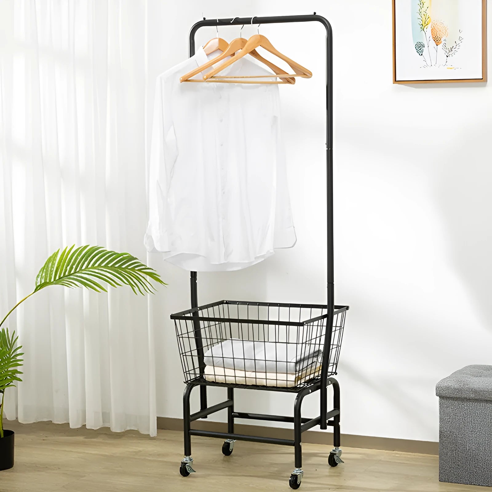 White iron single rod pulley storage car with clothes hanger on a wardrobe rail.