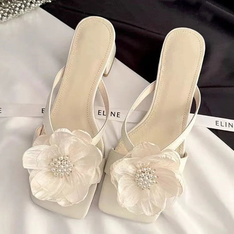 Women's square toe sandals with satin upper, floral chunky heel, in cream-white colour.