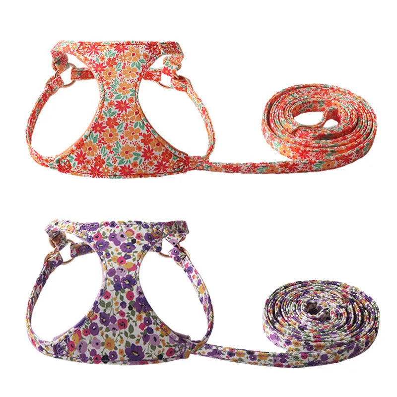 Floral pattern cloth pet harness and leash set for small dogs in multiple colour options