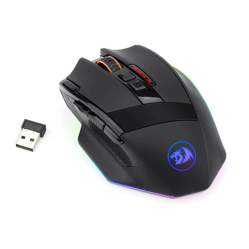 Redragon M801P black wireless gaming mouse with nine buttons and ergonomic design