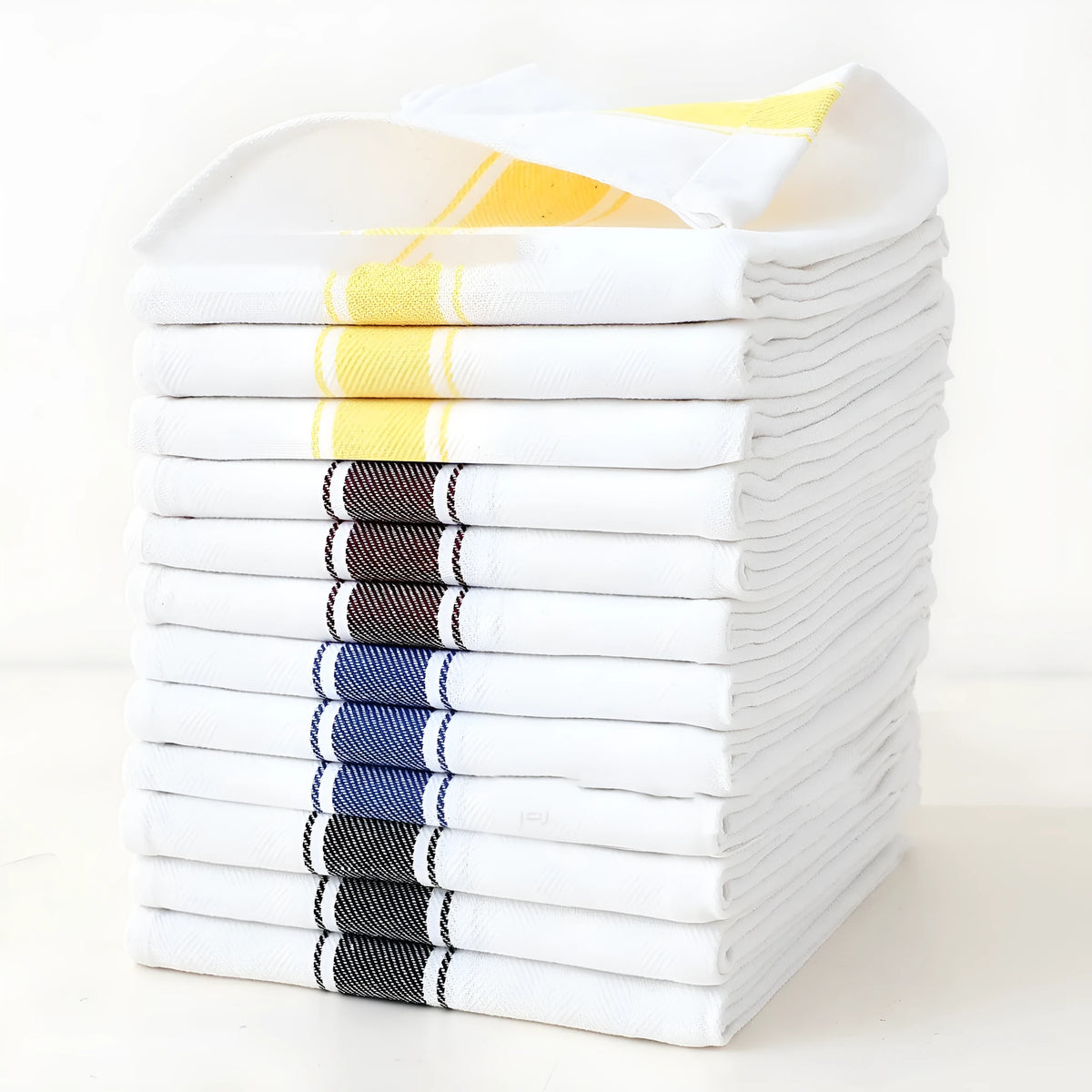 Set of twelve striped polyester cotton blended kitchen dish towels in assorted colours