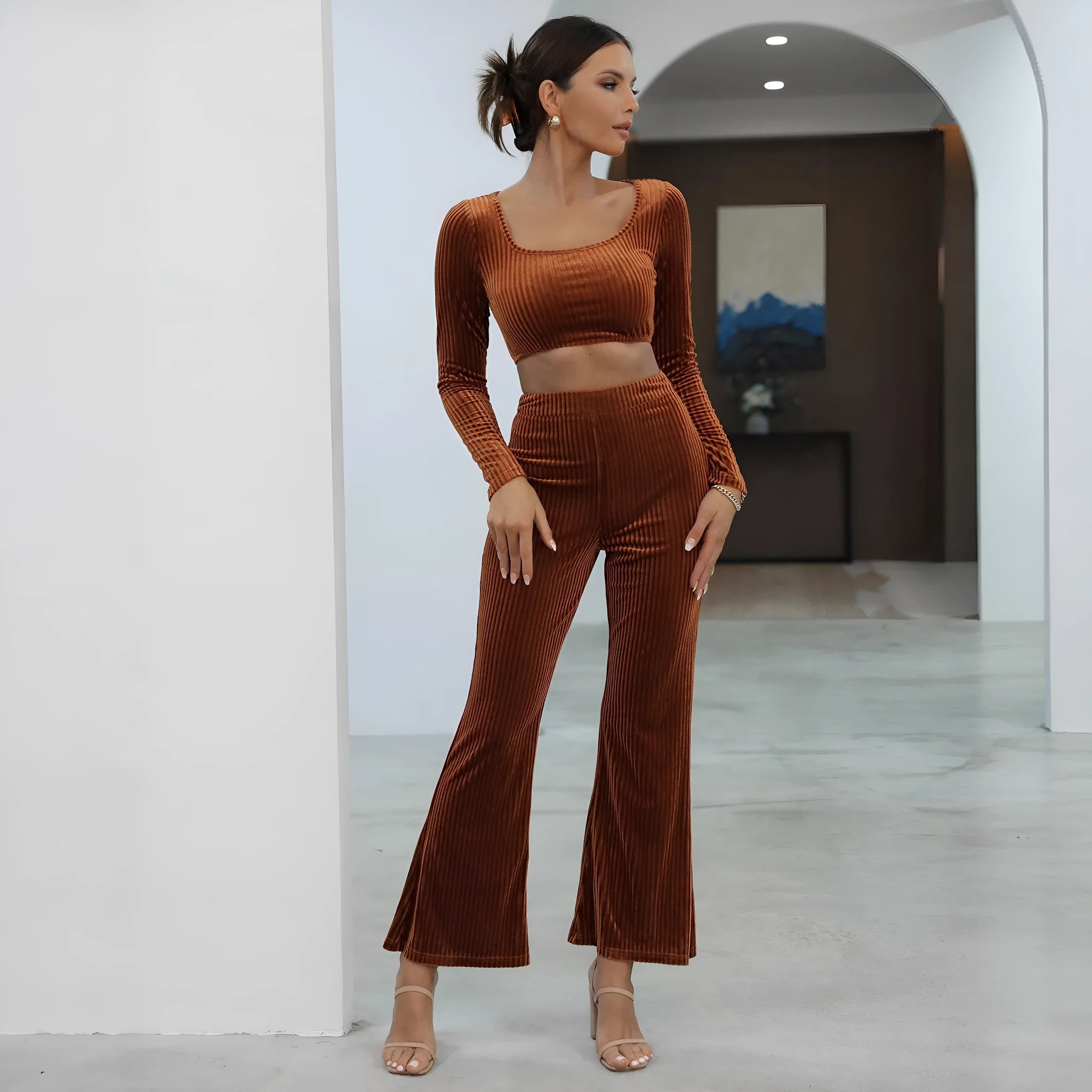 Caramel-coloured long sleeve sweater and trouser casual set on hanger