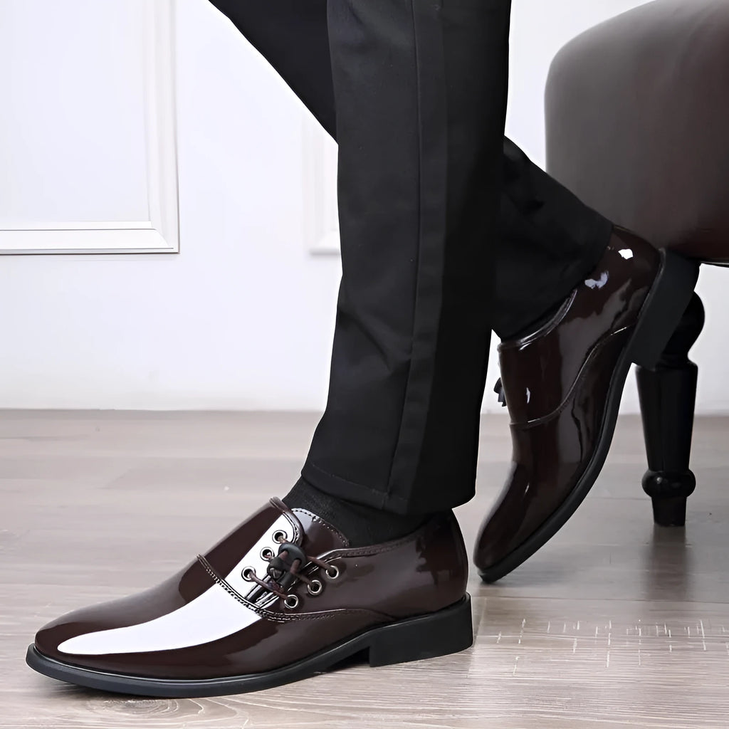 Men's black and brown business formal shoes with artificial PU upper and square heel