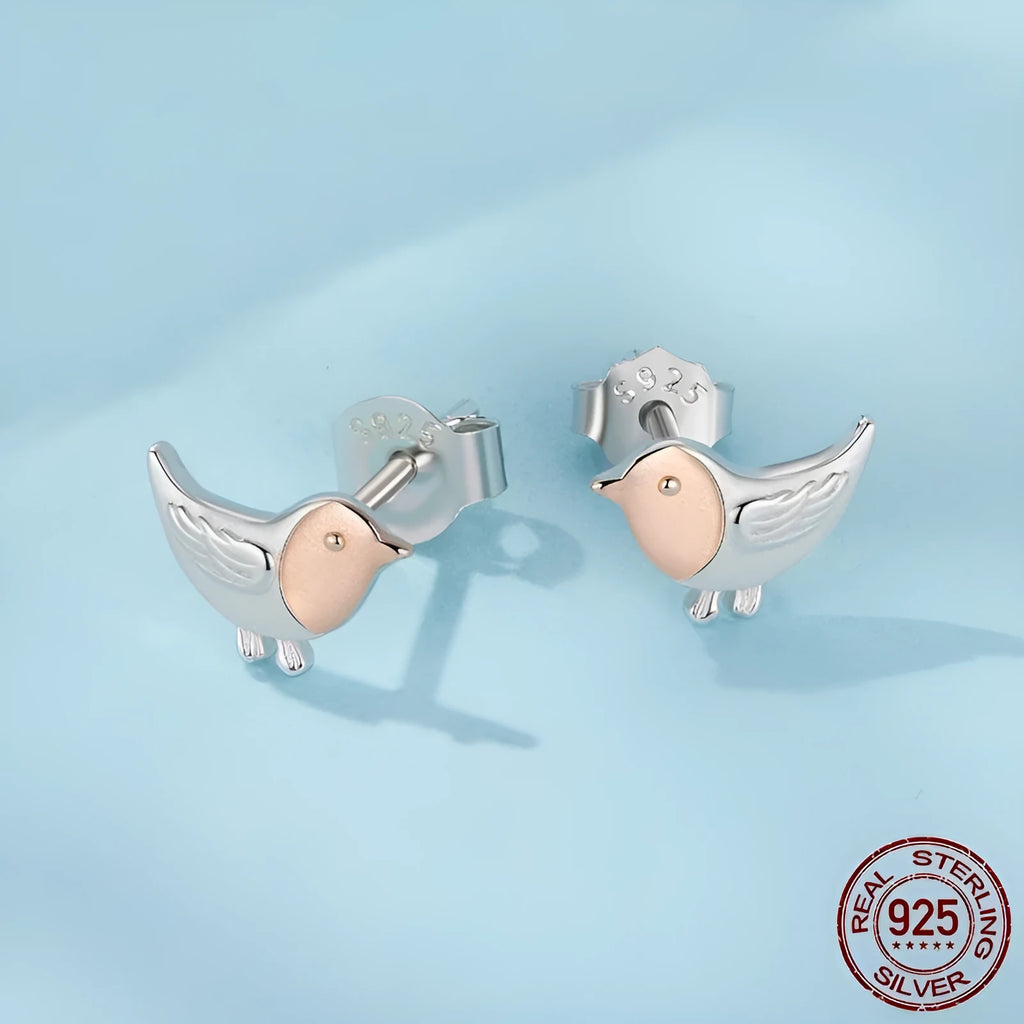 S925 sterling silver three-dimensional bird ear studs in colour SCE1944, supplied as a pair