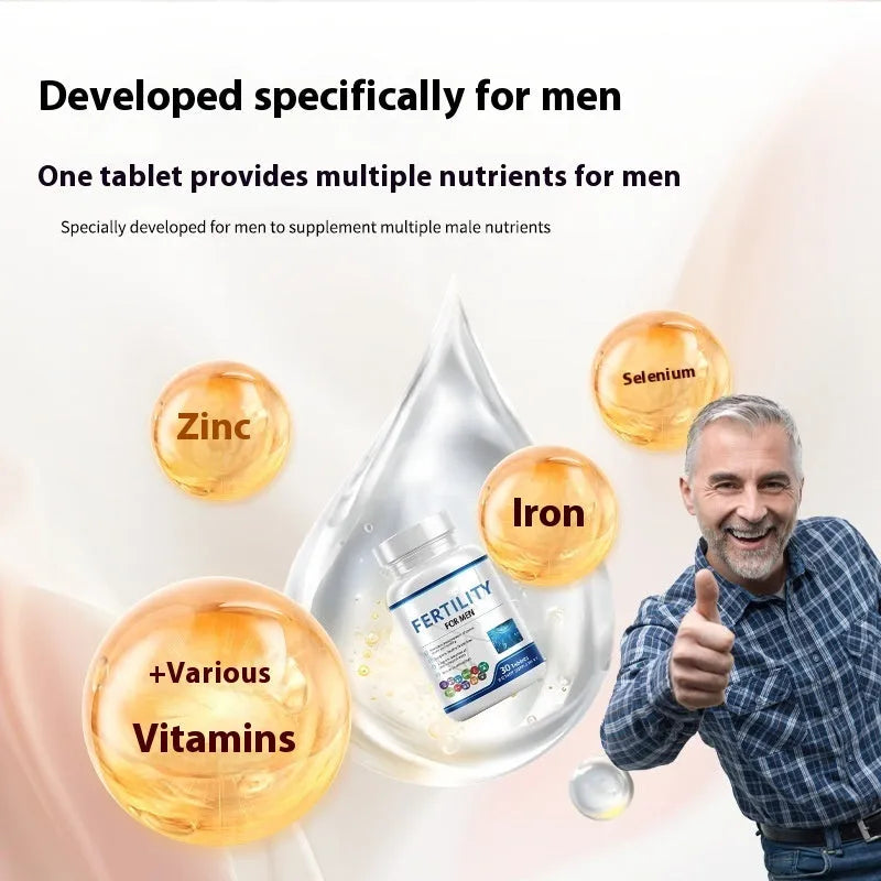 Bottle of 60 male fertility tablets with sealed packaging for cool, dry storage