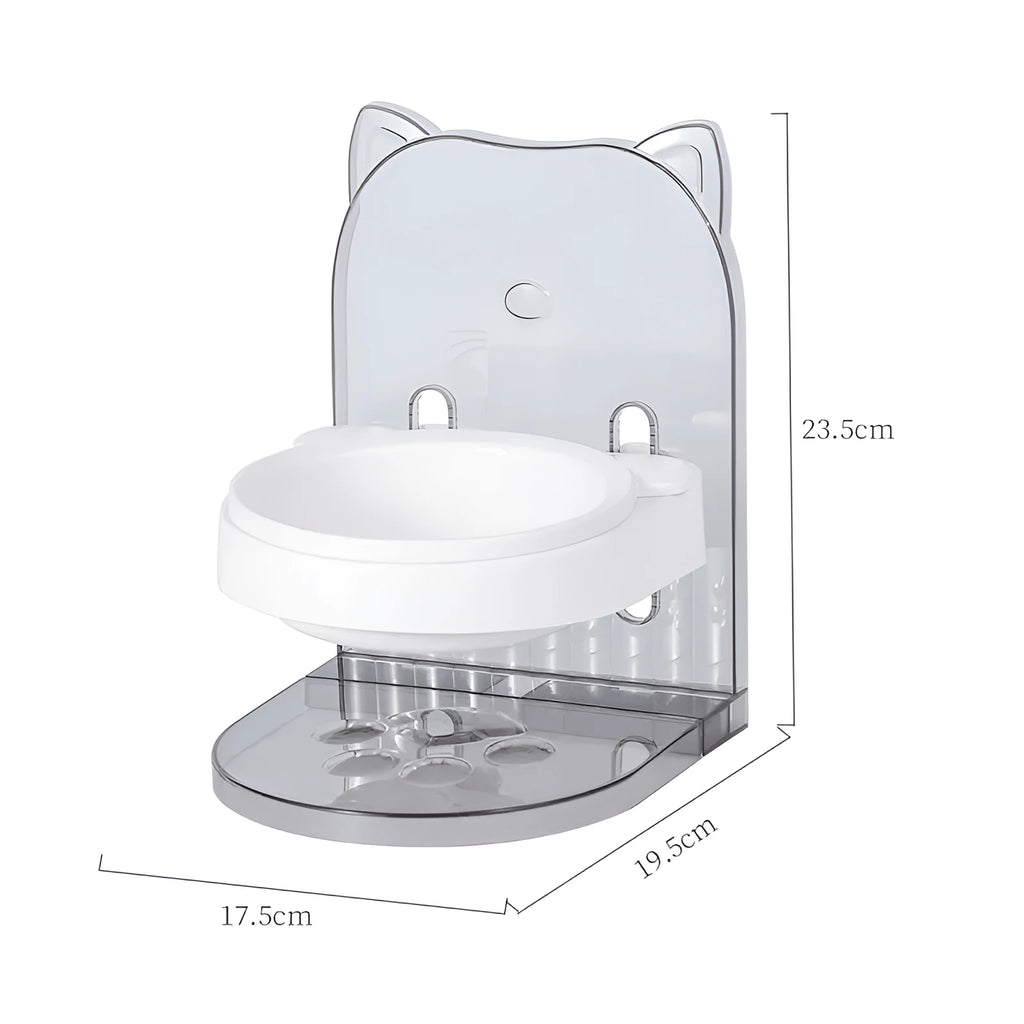 Grey anti-spill cat feeding bowl with neck protection and adjustable height mechanism