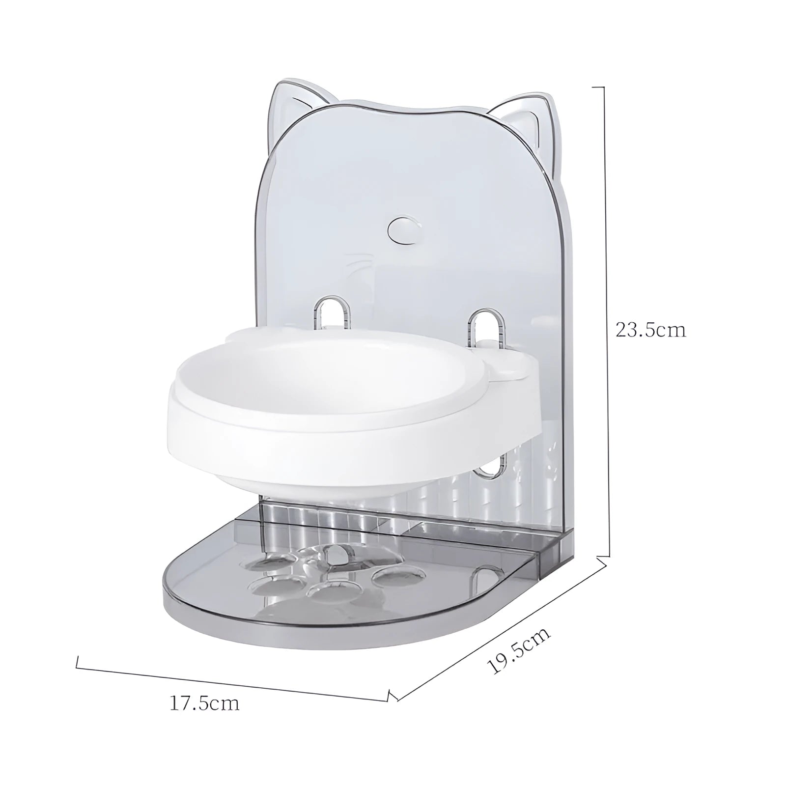 Grey anti-spill cat feeding bowl with neck protection and adjustable height mechanism