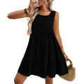 Women's light blue sleeveless plaid dress with high waist and flowing skirt on hanger
