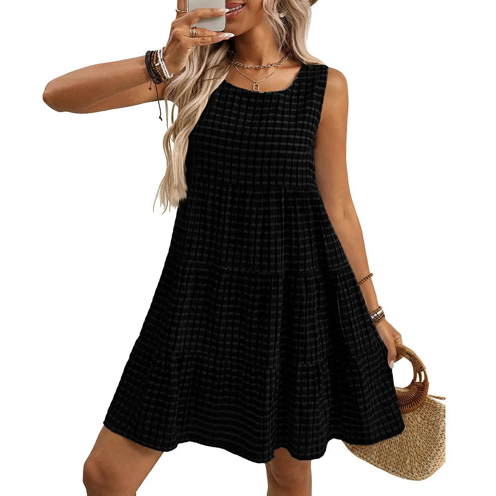 Women's light blue sleeveless plaid dress with high waist and flowing skirt on hanger