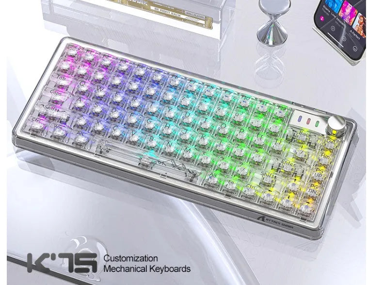 Attack Shark K75 transparent wireless mechanical keyboard with RGB lighting on black background