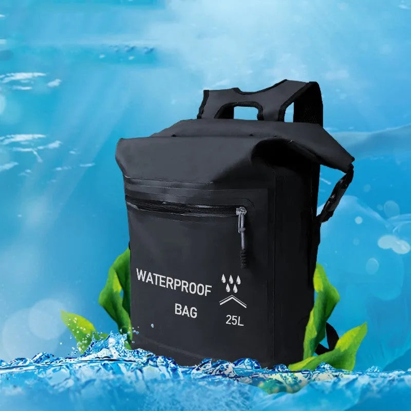 Black 25 litre waterproof backpack for outdoor swimming and water activities