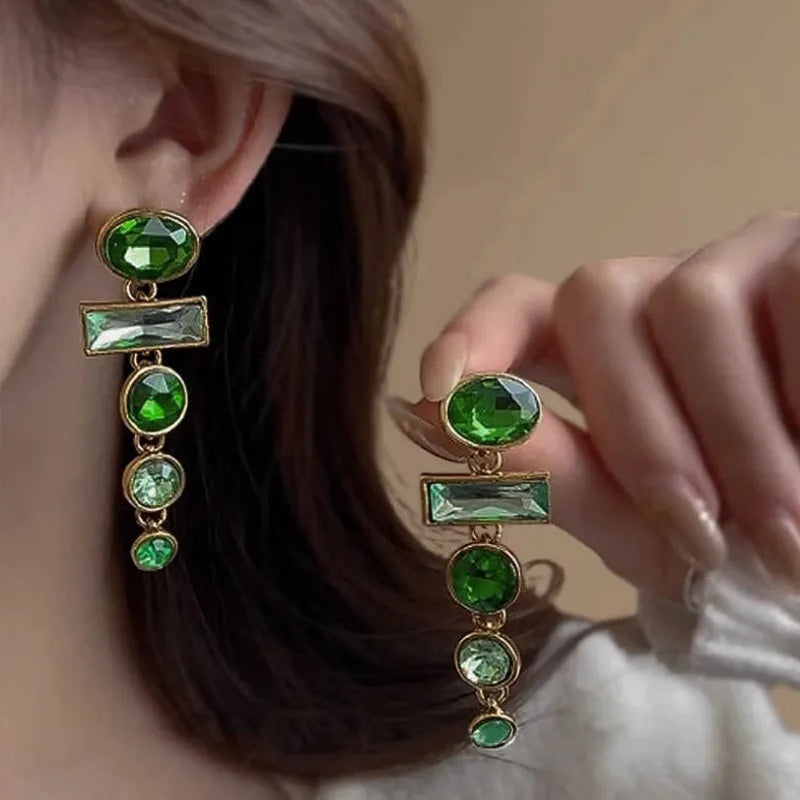 Green gradient geometric Chinese style earrings with zircon inlay and tassel details