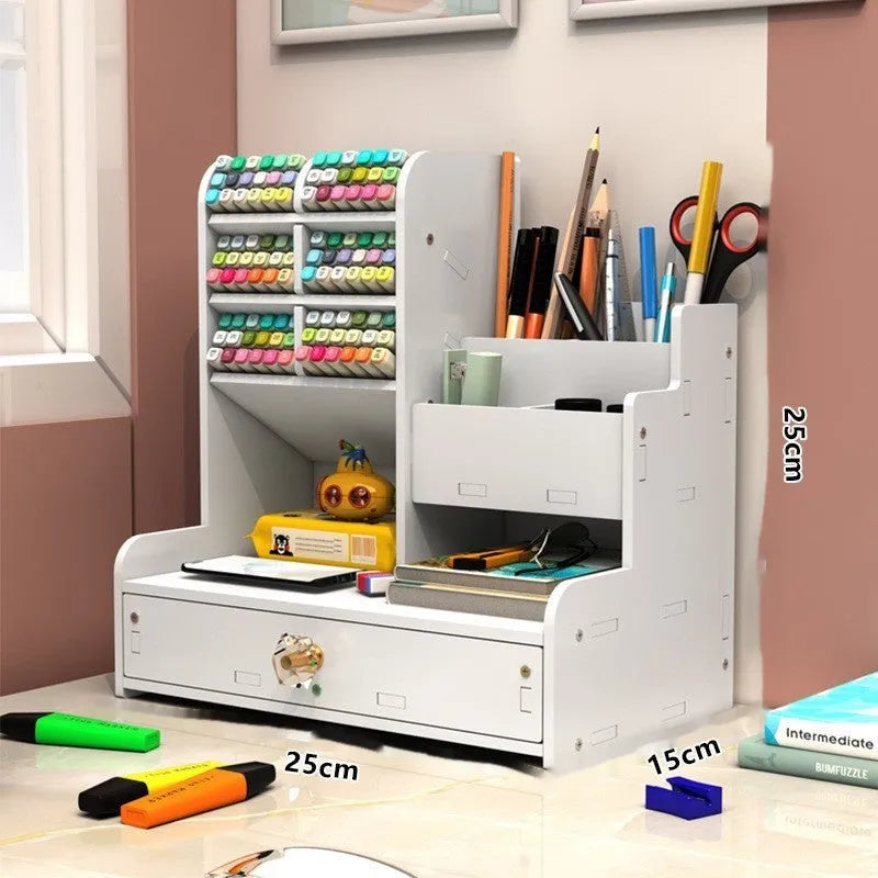 Square plastic pen storage box with multiple grid compartments for organising pens and pencils