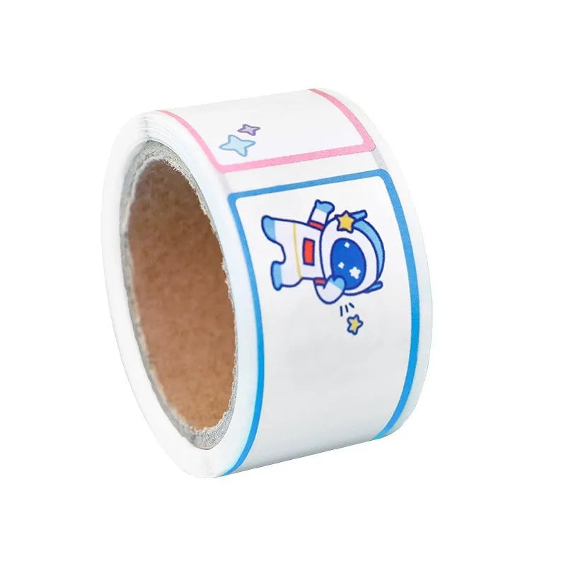 Roll of colourful cartoon stickers showing Dinosaur, Astronaut, Rabbit, and Girl design options