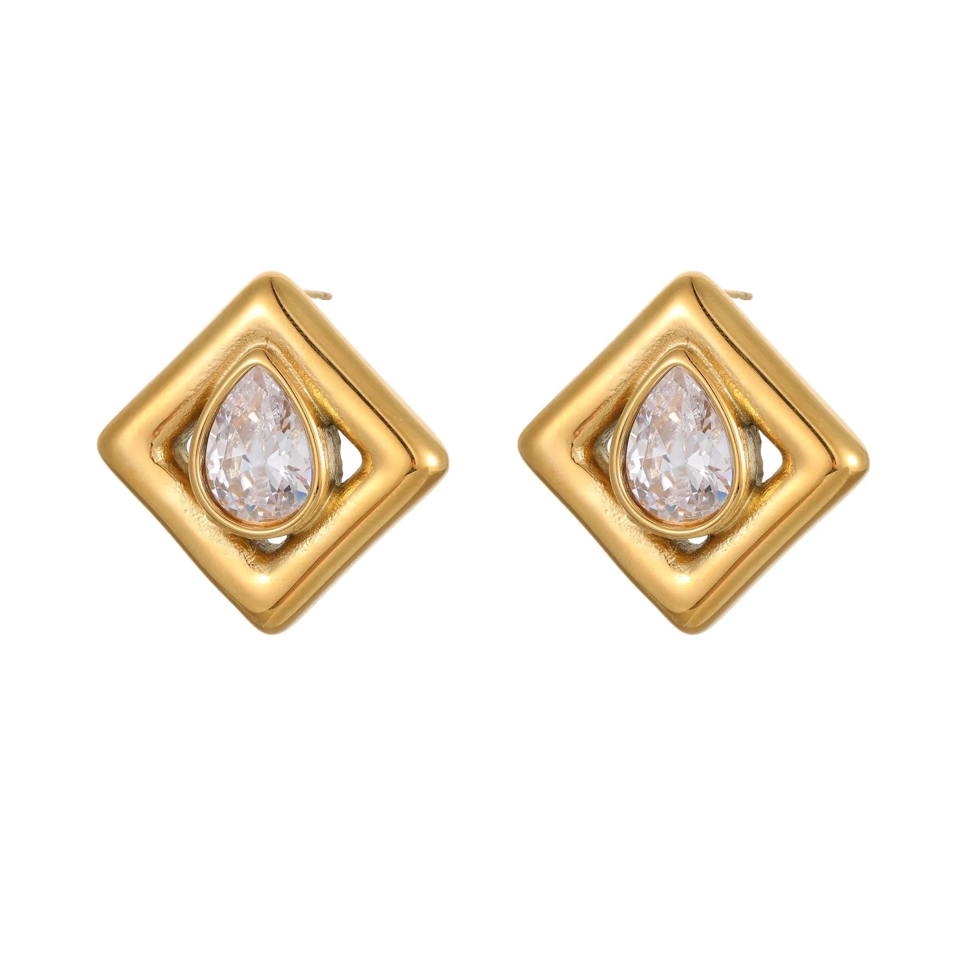 Geometric gold stud earrings with a water drop zircon stone inlaid in the centre.