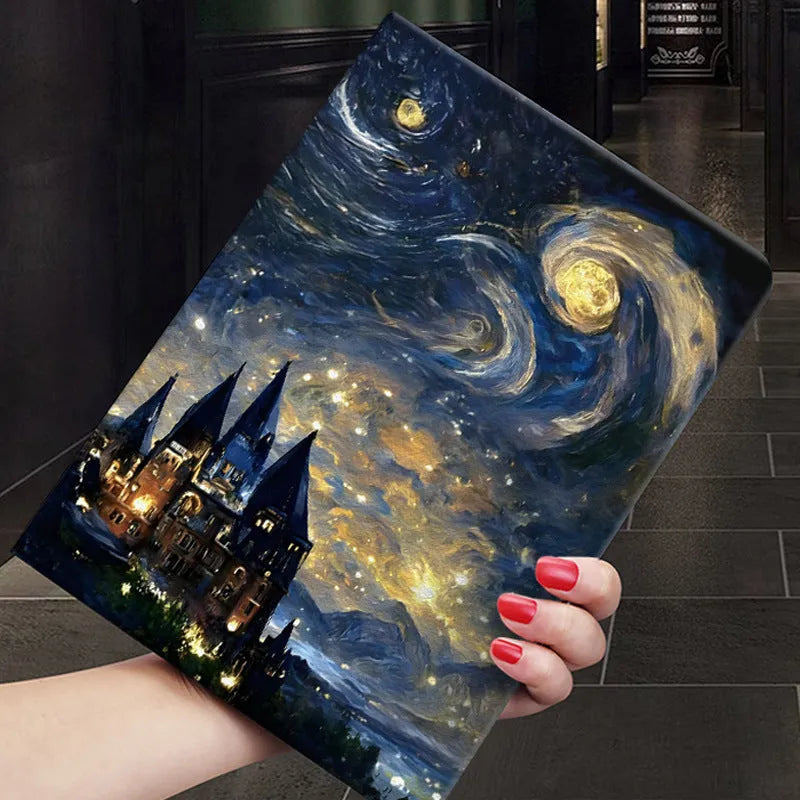 Handmade liquid silicone iPad flip case with floral oil painting artwork in Apricot Flower colour.