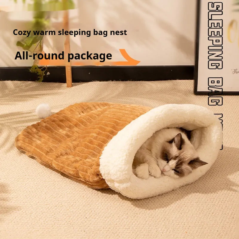 Flannel cat sleeping bag pet nest measuring 50 by 40 cm in a blue rabbit pattern.
