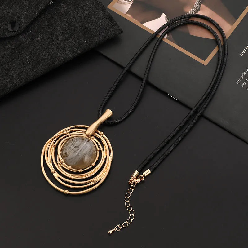 Vintage geometric plaid pendant necklace on snakeskin wax rope chain in gold finish