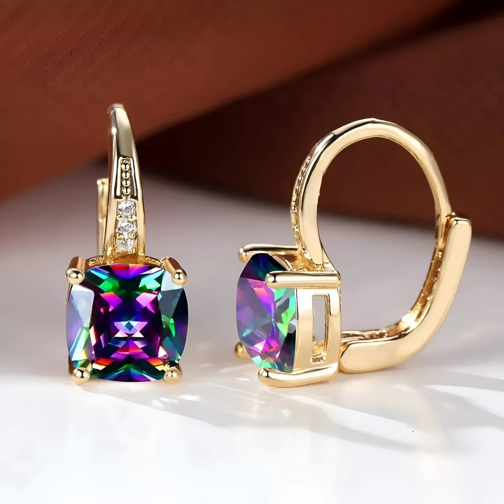 Square geometric copper ear clip earrings with colourful moissanite inlay and electroplated gold finish.