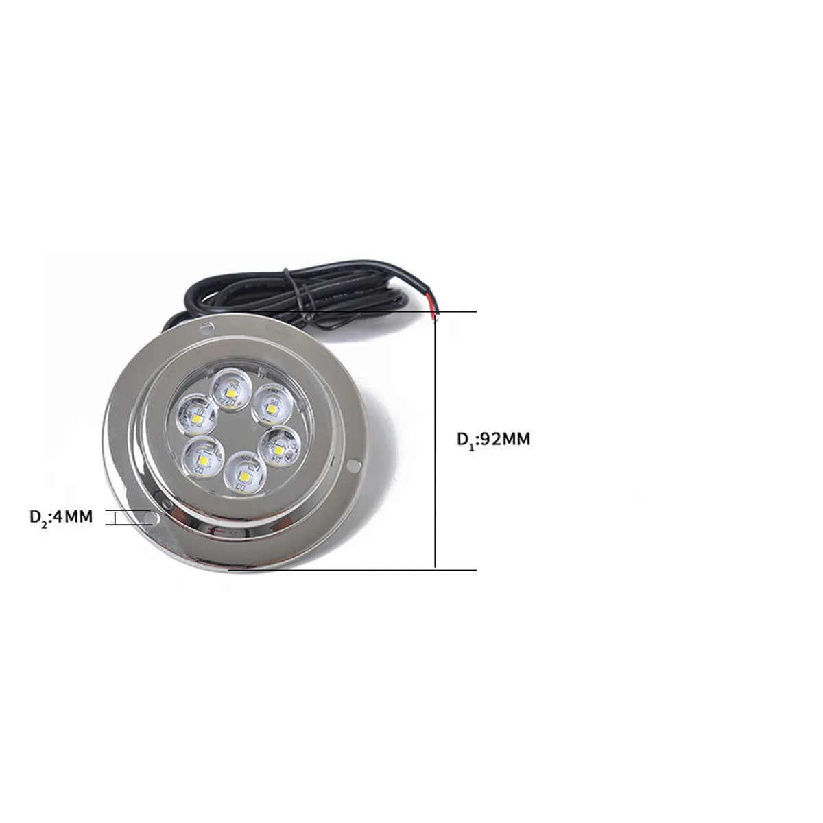Stainless steel underwater light for yacht, 12V DC, 6 x 3W white LEDs, IP68, 92.8mm diameter.