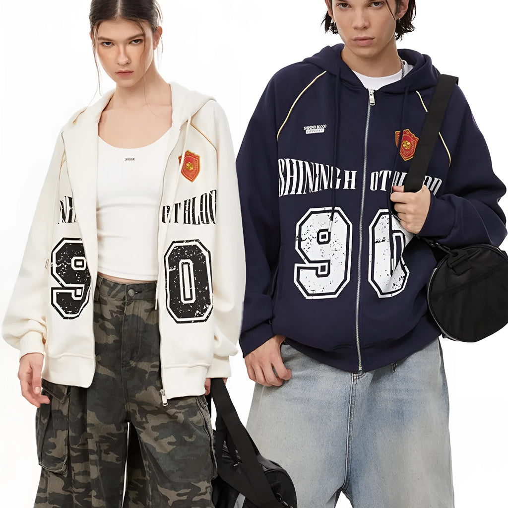Women's loose casual jacket with hood and letter embroidery in American retro style