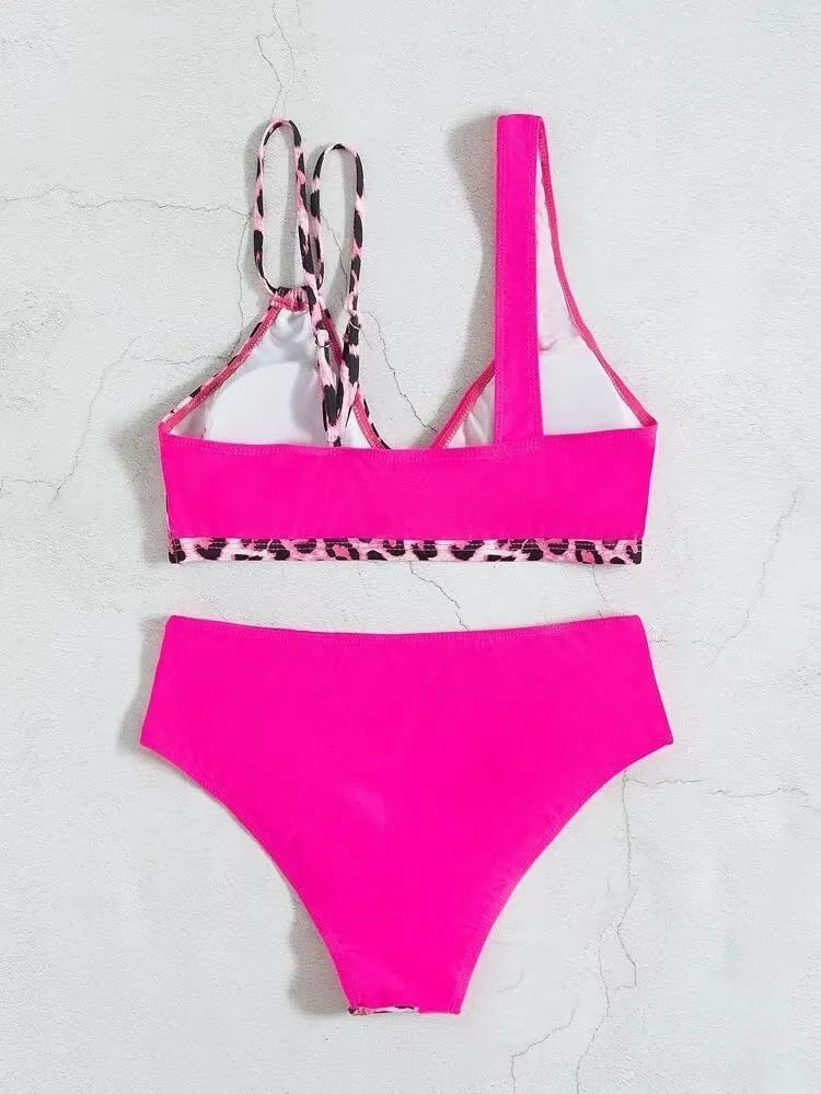 High waist bikini swimsuit with colour stitching in magenta black or blue polyester spandex for women