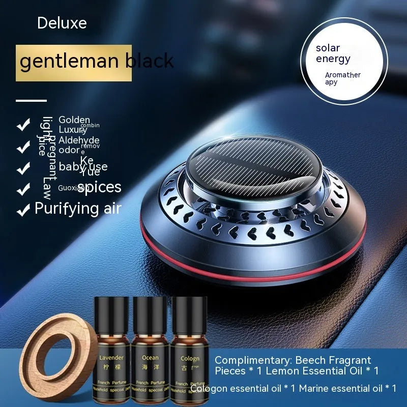 Solar-powered aluminium car air freshener in black, red or silver with 80mm diameter