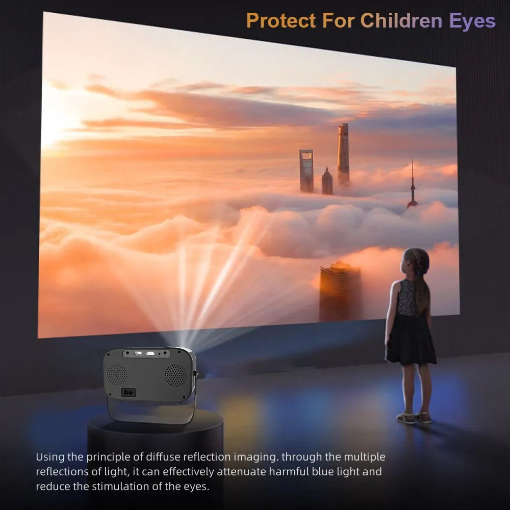 Black portable smart projector with Android system, remote control, and power cables