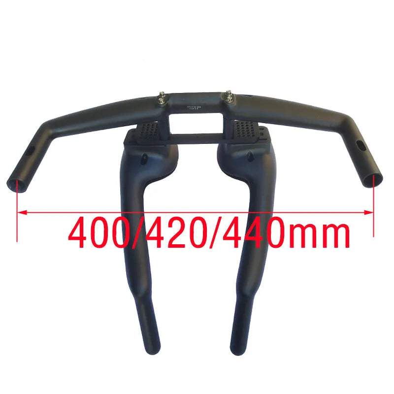 Black carbon fibre time trial bicycle handlebar showing aero extensions and 31.8mm clamp area