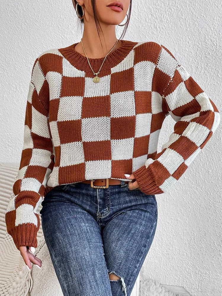 Dark brown acrylic pullover sweater with chessboard plaid pattern, loose round neck and long sleeves