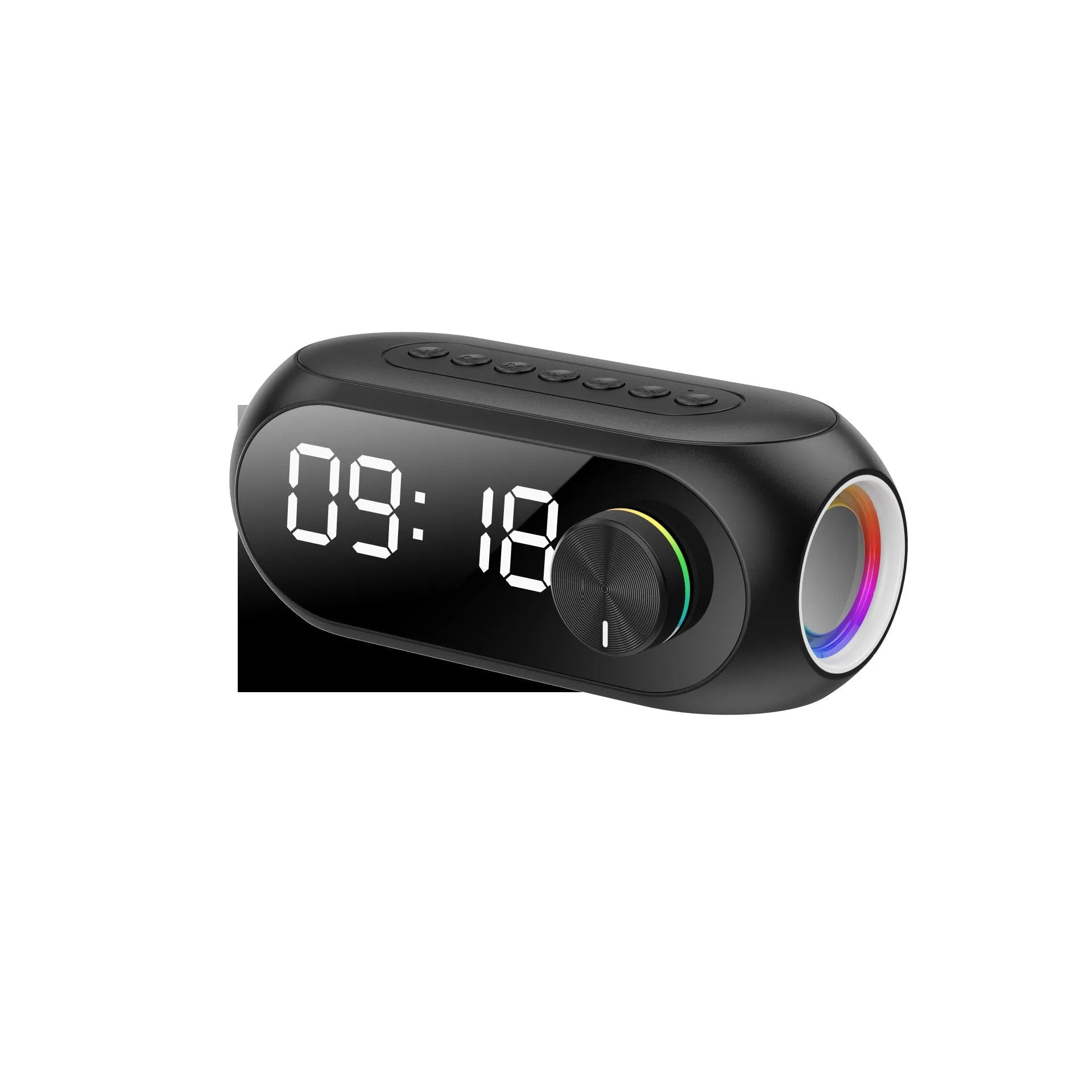Extra Bass Portable Mini Clock Speaker S8 in Black, White, and Blue with USB cable