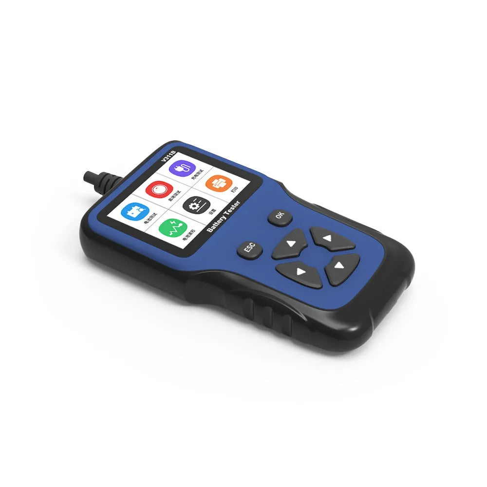 Car battery voltage tester with 2.8 inch colour screen, black and red alligator clips and 1m cable
