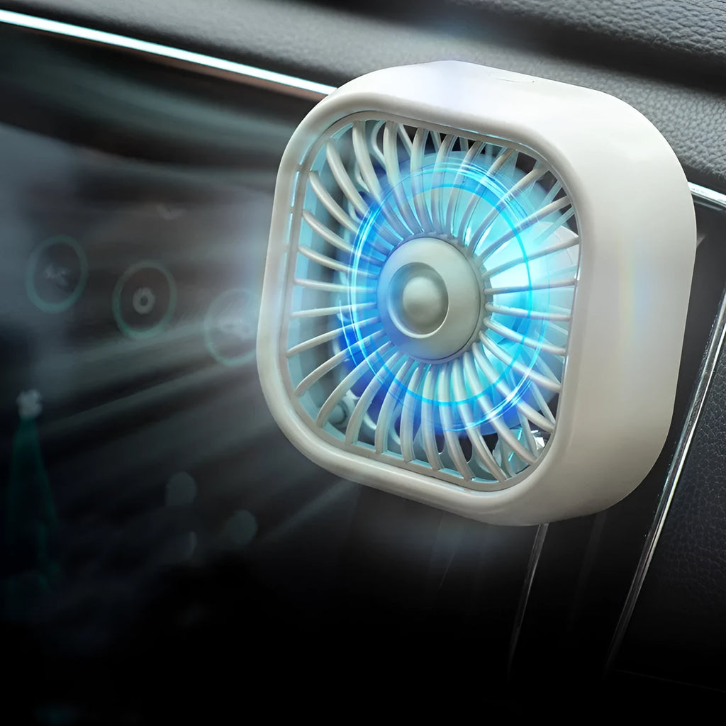 USB car fan with three-speed controls and charging cable for vehicle dashboard use