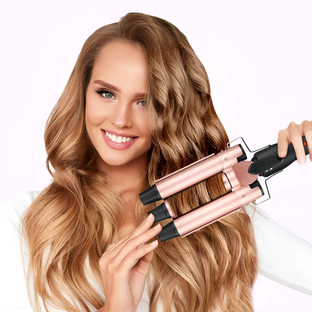 Three-barrel water wave hair curler with wired power cord and interchangeable styling tubes