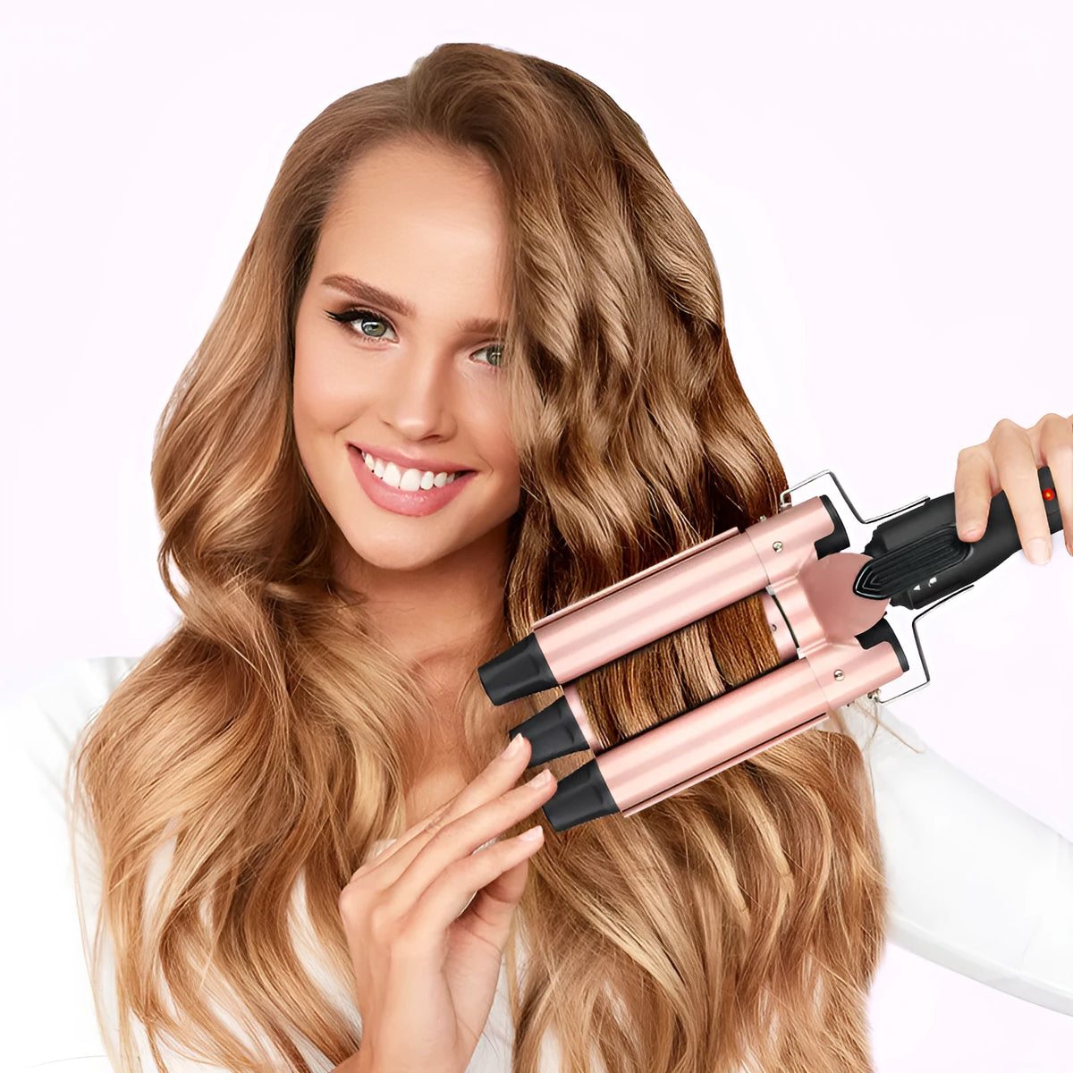 Three-barrel water wave hair curler with wired power cord and interchangeable styling tubes