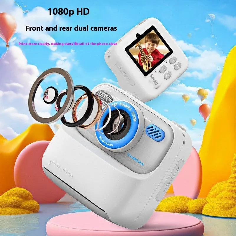 Plastic instant print digital camera with three rolls of printing paper, available in blue, grey, pink, or purple