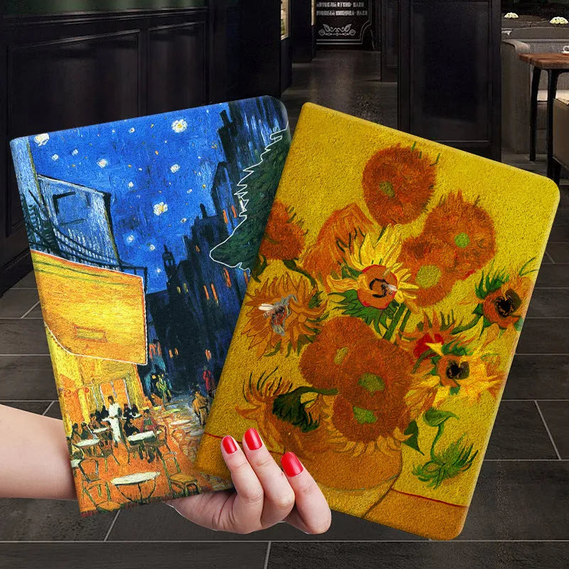 Handmade liquid silicone iPad flip case with floral oil painting artwork in Apricot Flower colour.