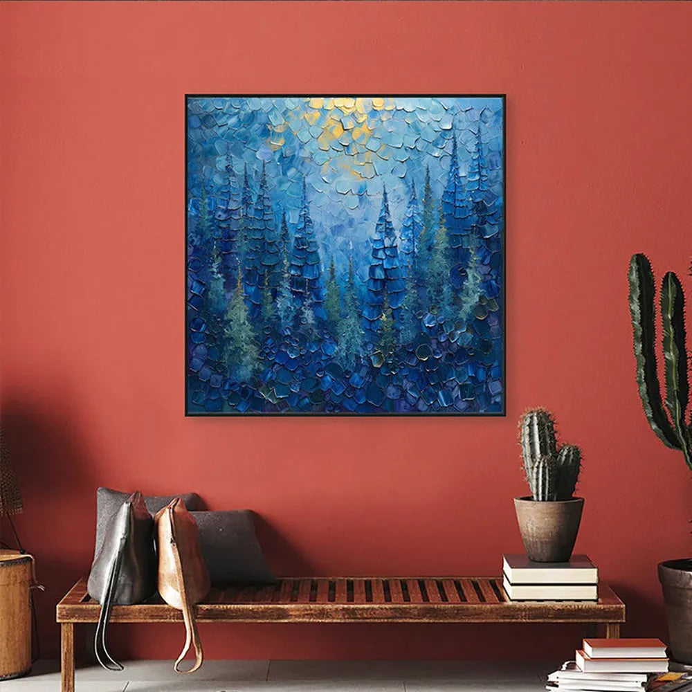 Blue mysterious forest tree oil painting hand painted on canvas square abstract landscape art