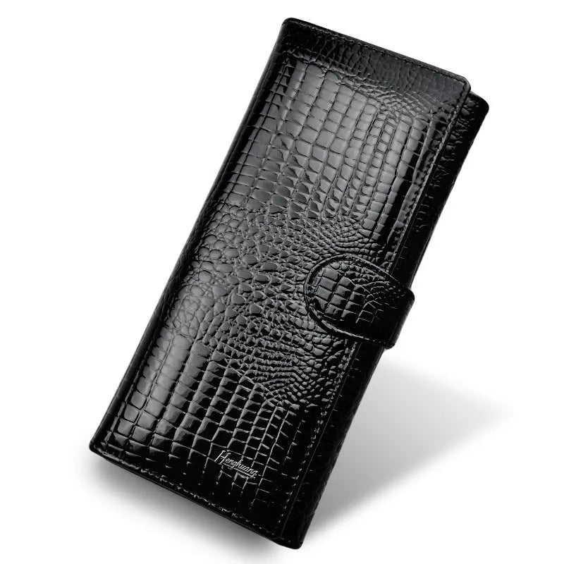 Women's leather coin purse with patent finish and crocodile pattern in red, wine red, and black colour options