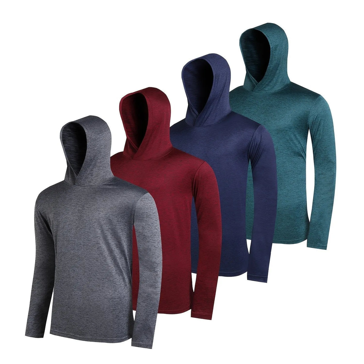 Four men's lightweight hoodies in elastic polyester fibre showing five colour options and size range S to XXXL
