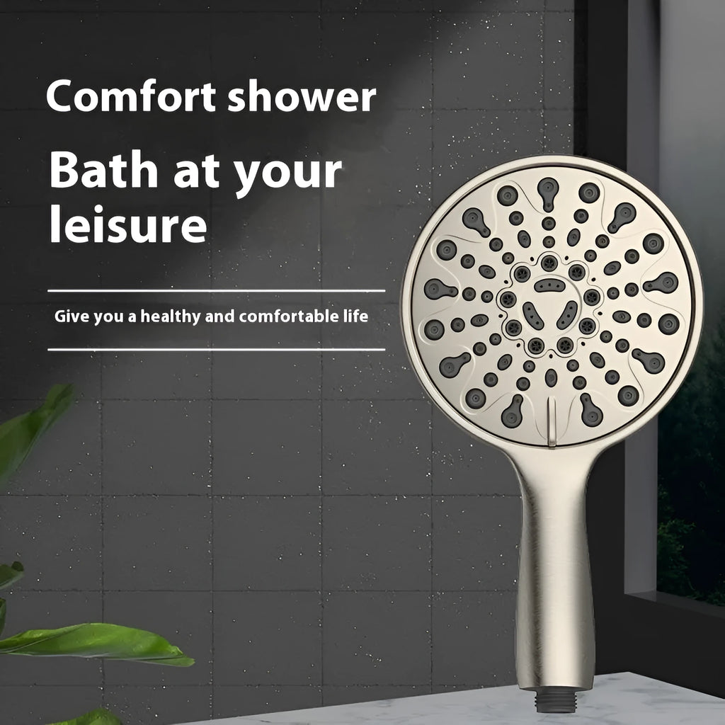Portable handheld shower head with electroplated finish showing six spray function settings