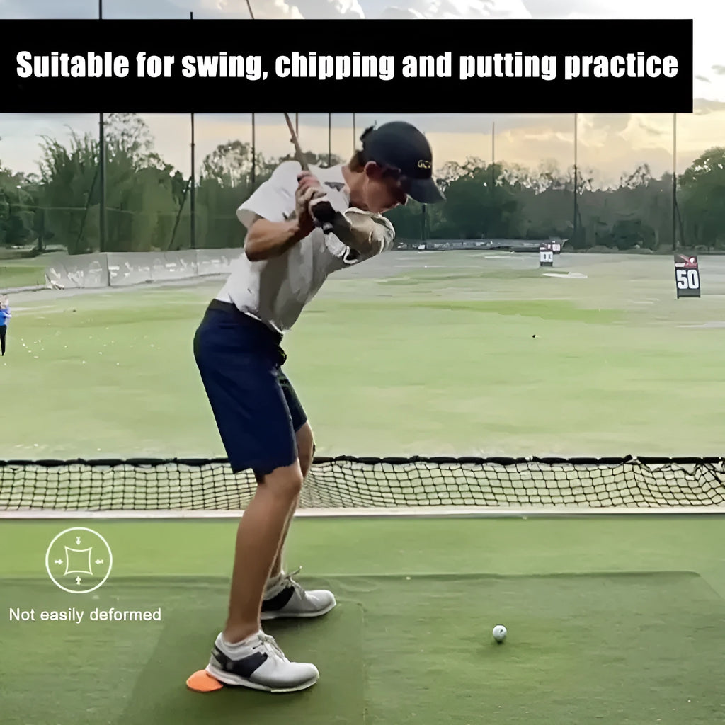 Orange golf training mat with centre of gravity design on natural rubber surface