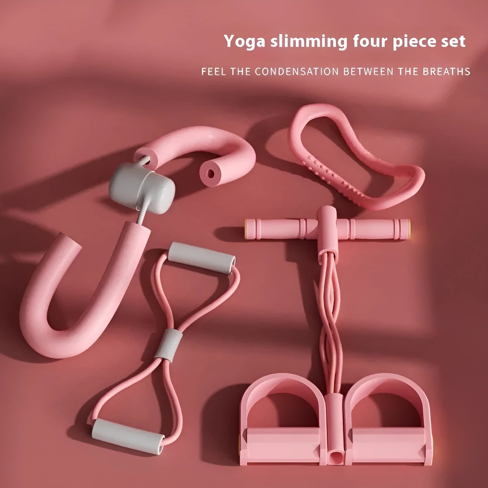Four piece yoga fitness set with leg stretching device, yoga ring, pedal tension tool and figure eight resistance rope