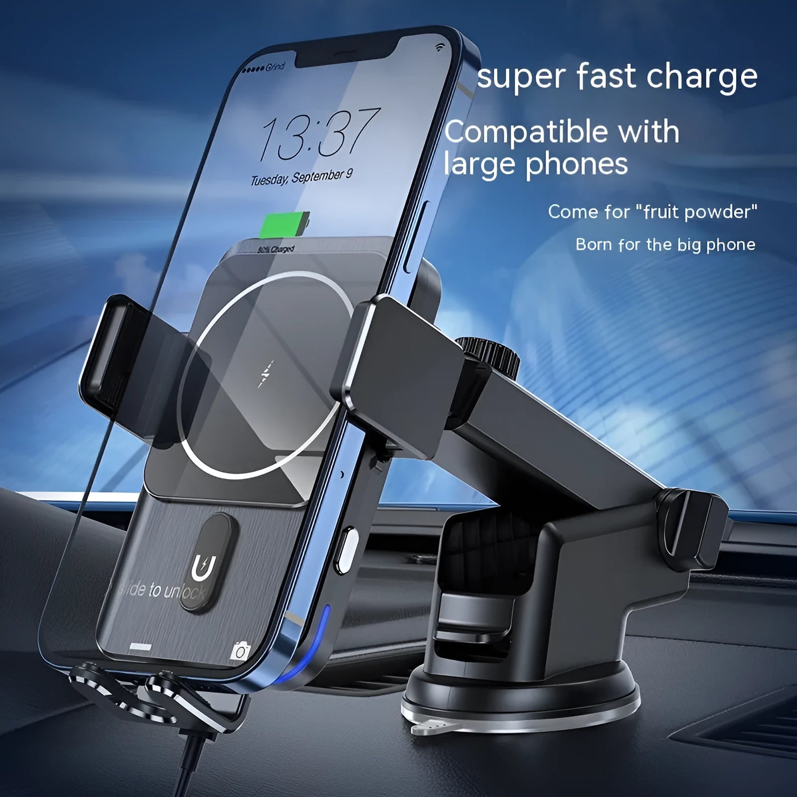 15W black car wireless charger mobile phone holder with clip or suction cup mounting options