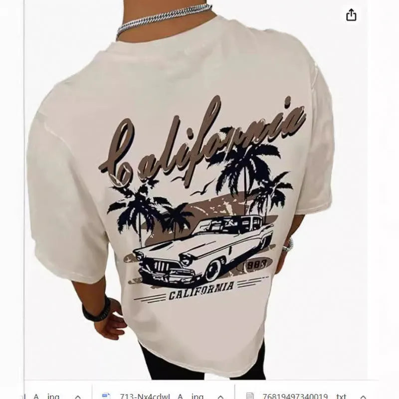 Men's printed street-style short-sleeve sports T-shirt on a hanger, showing digital print design.