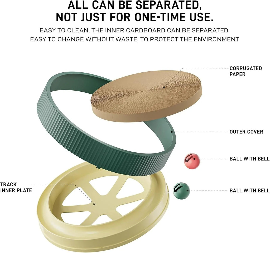 Large green circular cat scratching board with integrated moving ball toys and a spring plush ball.
